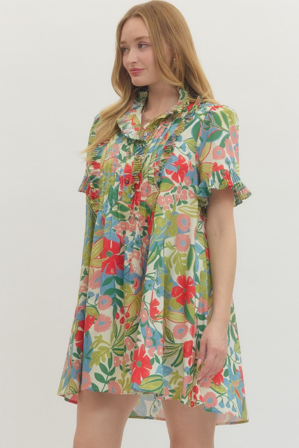 Floral Print Pleated Ruffle Trim Dress