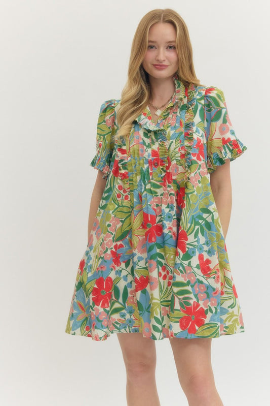 Floral Print Pleated Ruffle Trim Dress