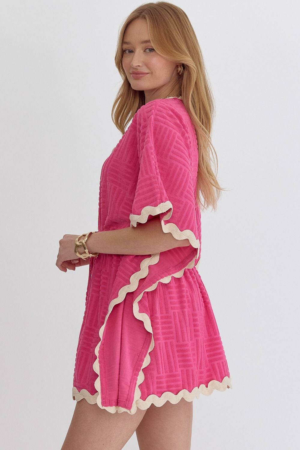 Hot Pink Terry Cloth Ric Rac Top featuring white scalloped edges on sleeves and hem. Sizes available: S, M, L.