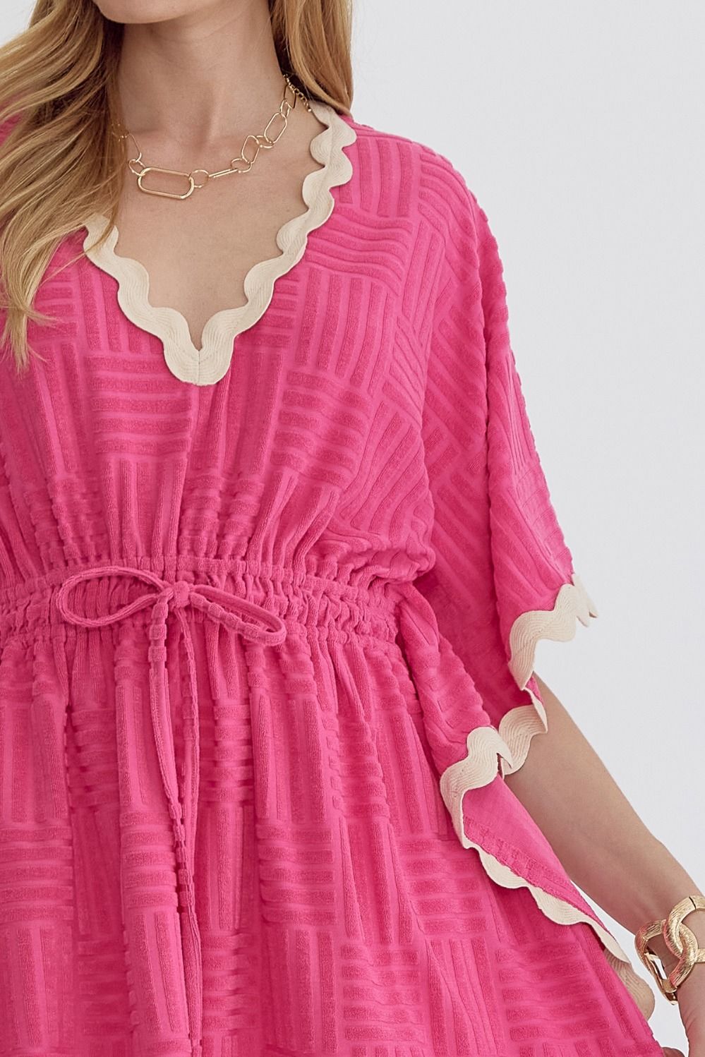 Hot Pink Terry Cloth Ric Rac Top with drawstring waist and wavy cream ric rac trim. Sizes: S, M, L.