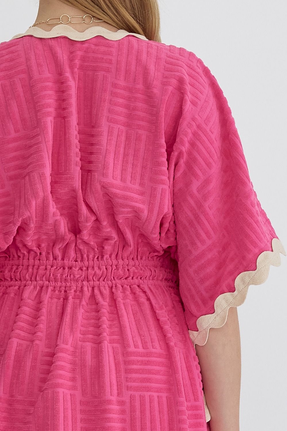 Hot Pink Terry Cloth Ric Rac Top: gathered waist, scalloped sleeve edges, raised geometric pattern. Sizes: S, M, L.