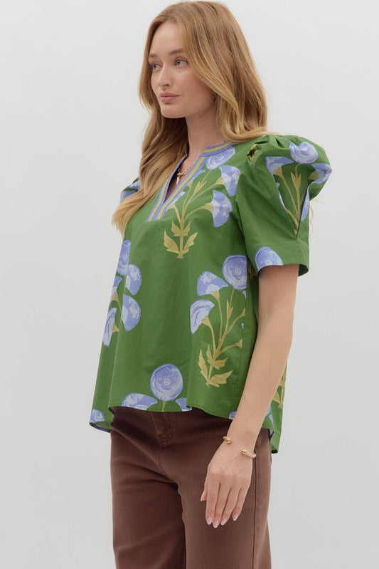Mabel Blooming Day Top: lightweight woven blouse, green floral and blue print, short sleeves. Available in S-XL.