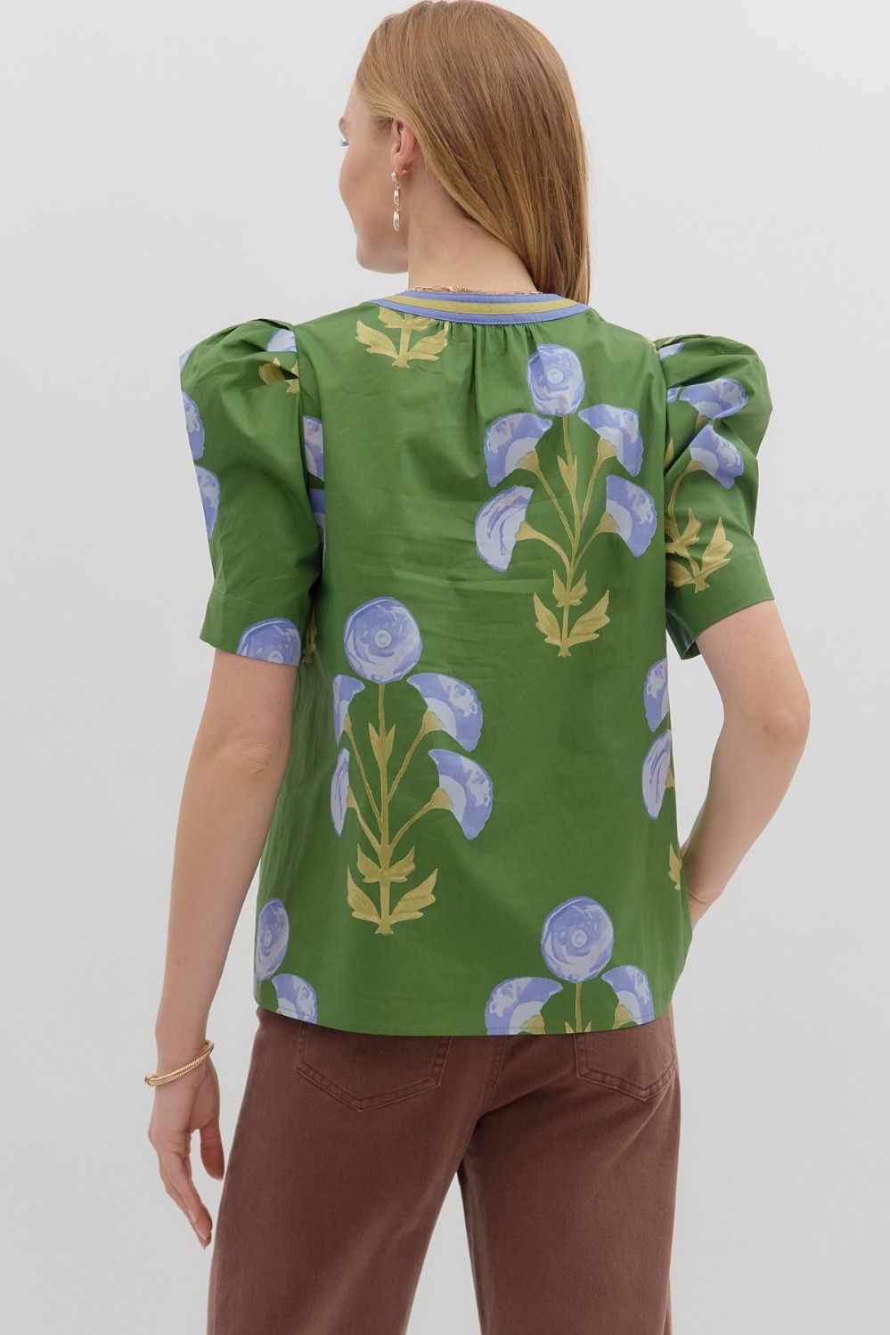 Mabel Blooming Day Top: green floral blouse with blue/lavender pattern, short puff sleeves. Available in XS-XL.