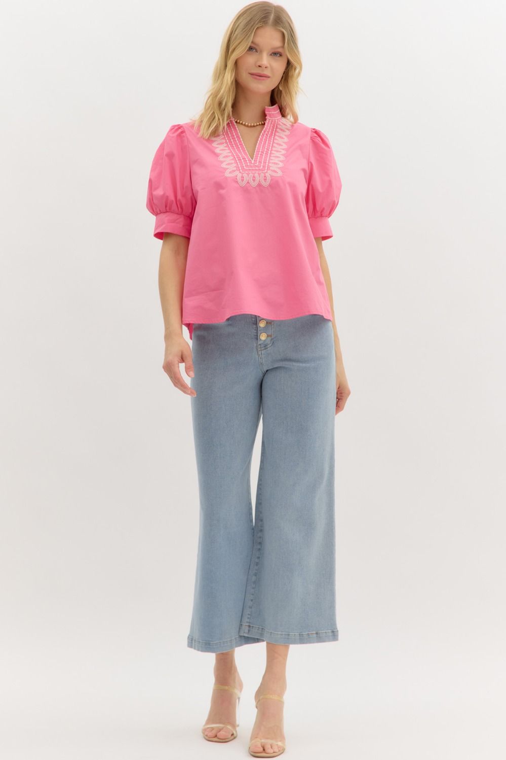 Pink Garden Path Embroidered Top with puffed sleeves, available in sizes XS-XL.