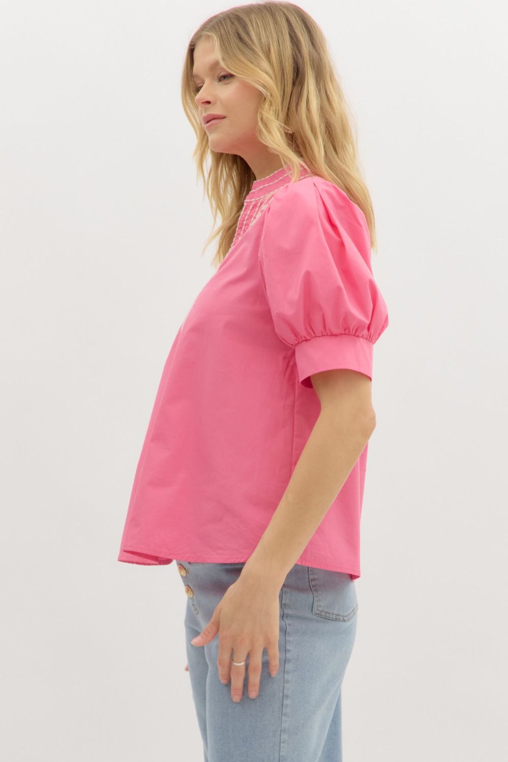 Garden Path Embroidered Top in bright pink with puffed sleeves; available in sizes XS-XL.