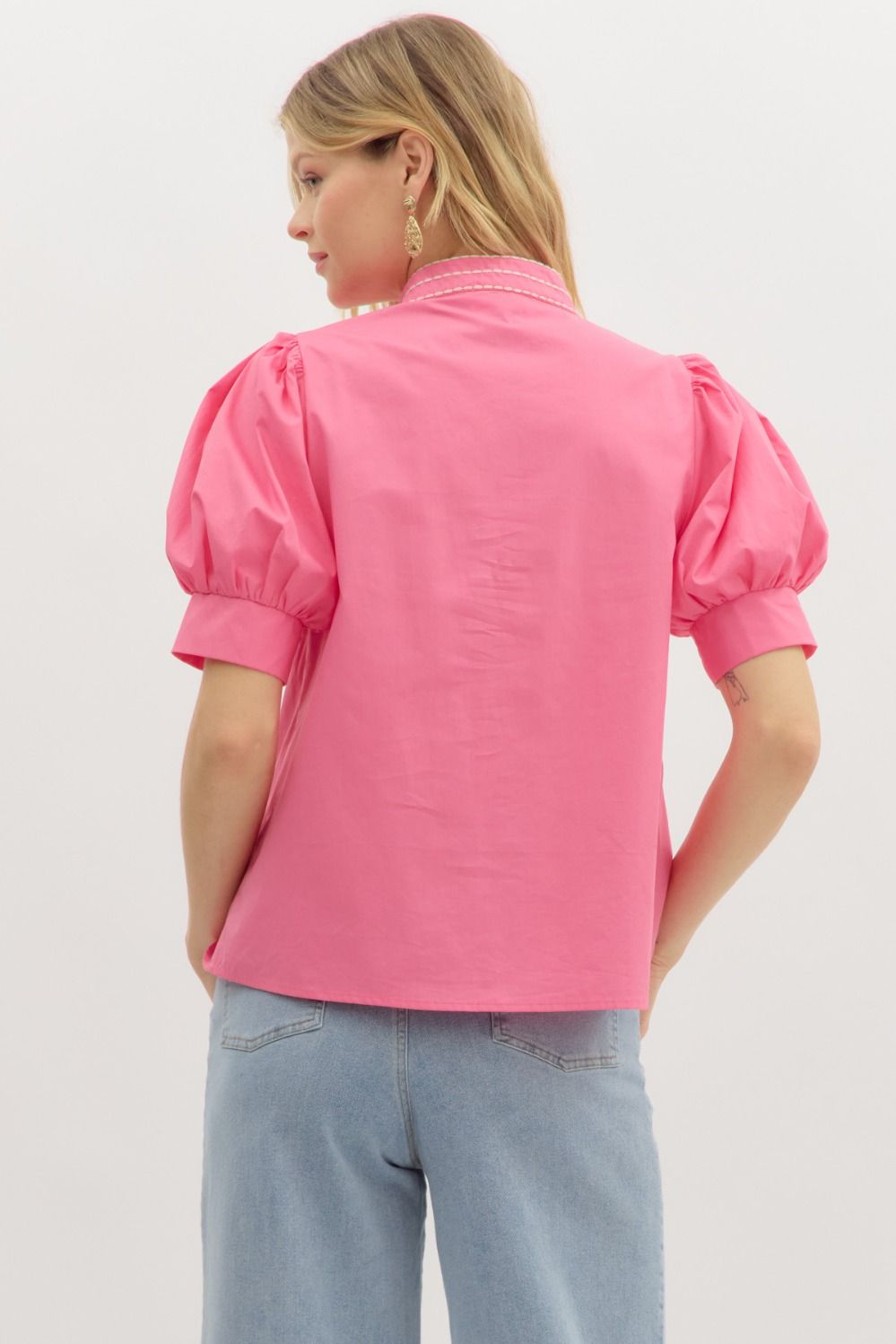 Garden Path Embroidered Top, bright pink with puffed sleeves. Available in sizes XS–XL.