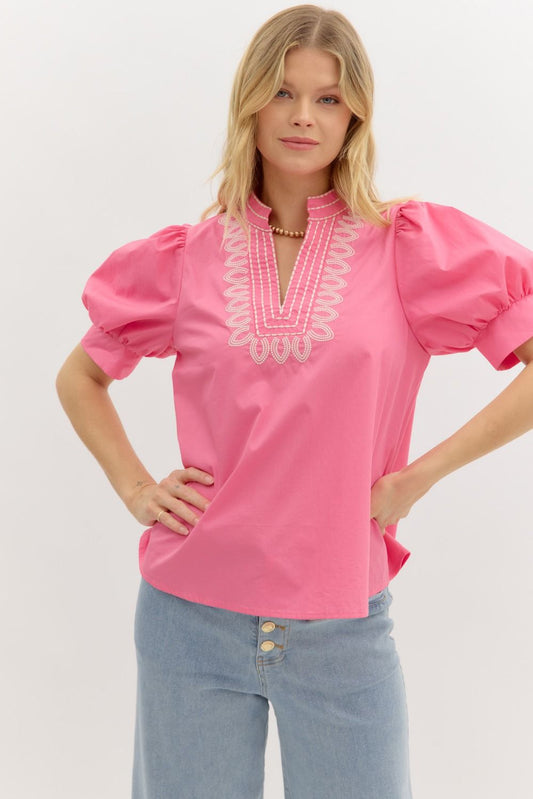 Garden Path Embroidered Top: bright pink, puffed sleeves, white embroidered collar. Available in sizes XS-XL.