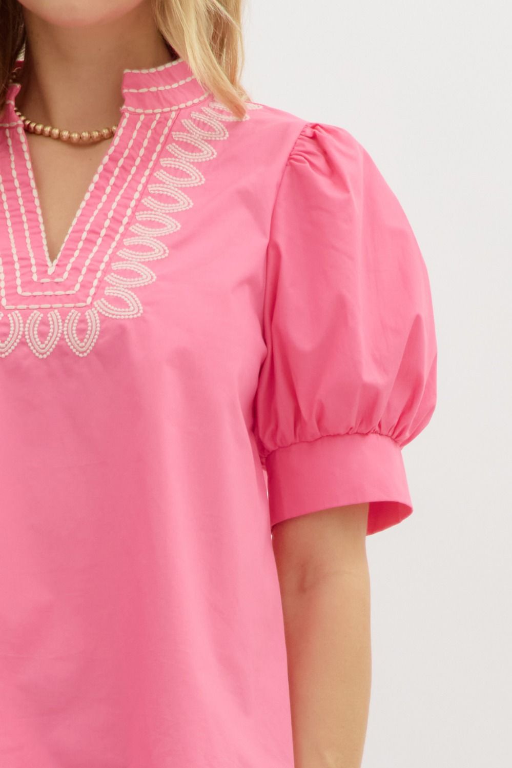 Garden Path Embroidered Top: bright pink blouse, puffed sleeves, embroidered neckline. Available in XS-XL.