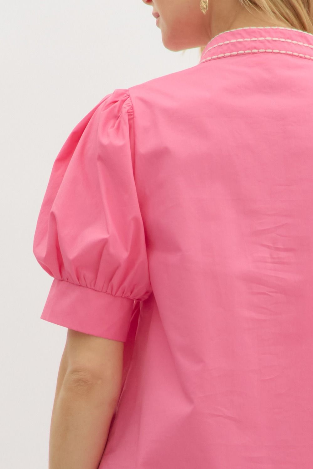 Garden Path Embroidered Top: bright pink, puffed sleeves, white collar stitching. Available in sizes XS–XL.