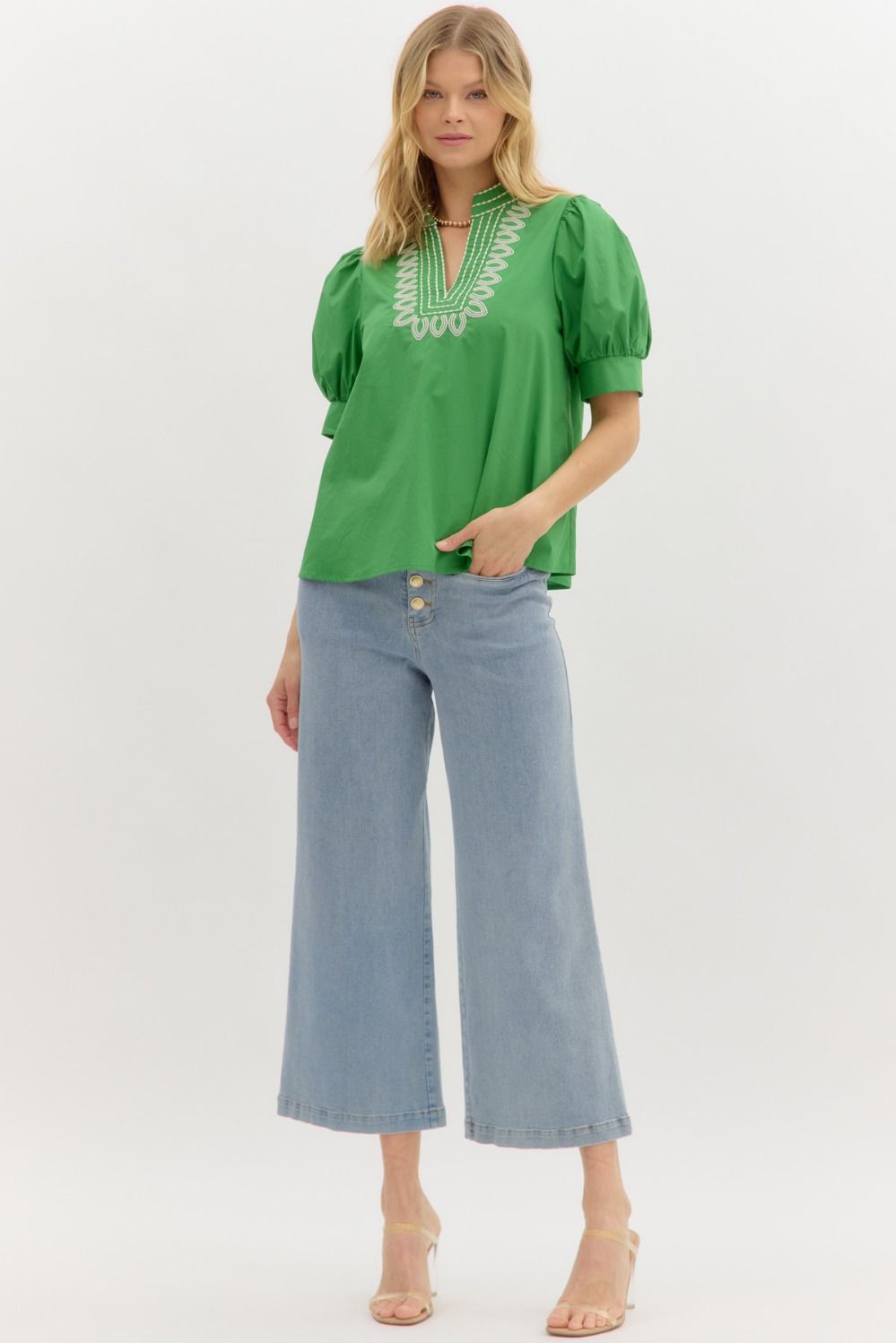 Garden Path Embroidered Top: bright green blouse with puffed sleeves and white embroidery. Available in sizes XS-XL.