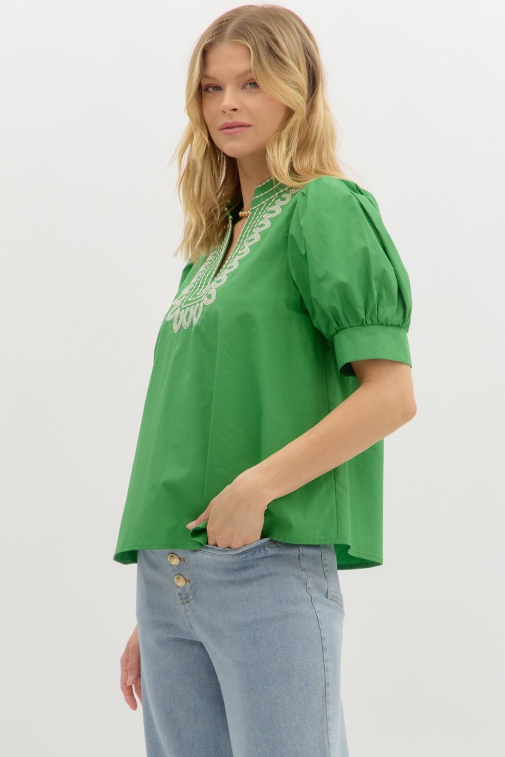 Garden Path Embroidered Top: green V-neck with white detailing. Available in XS-XL.