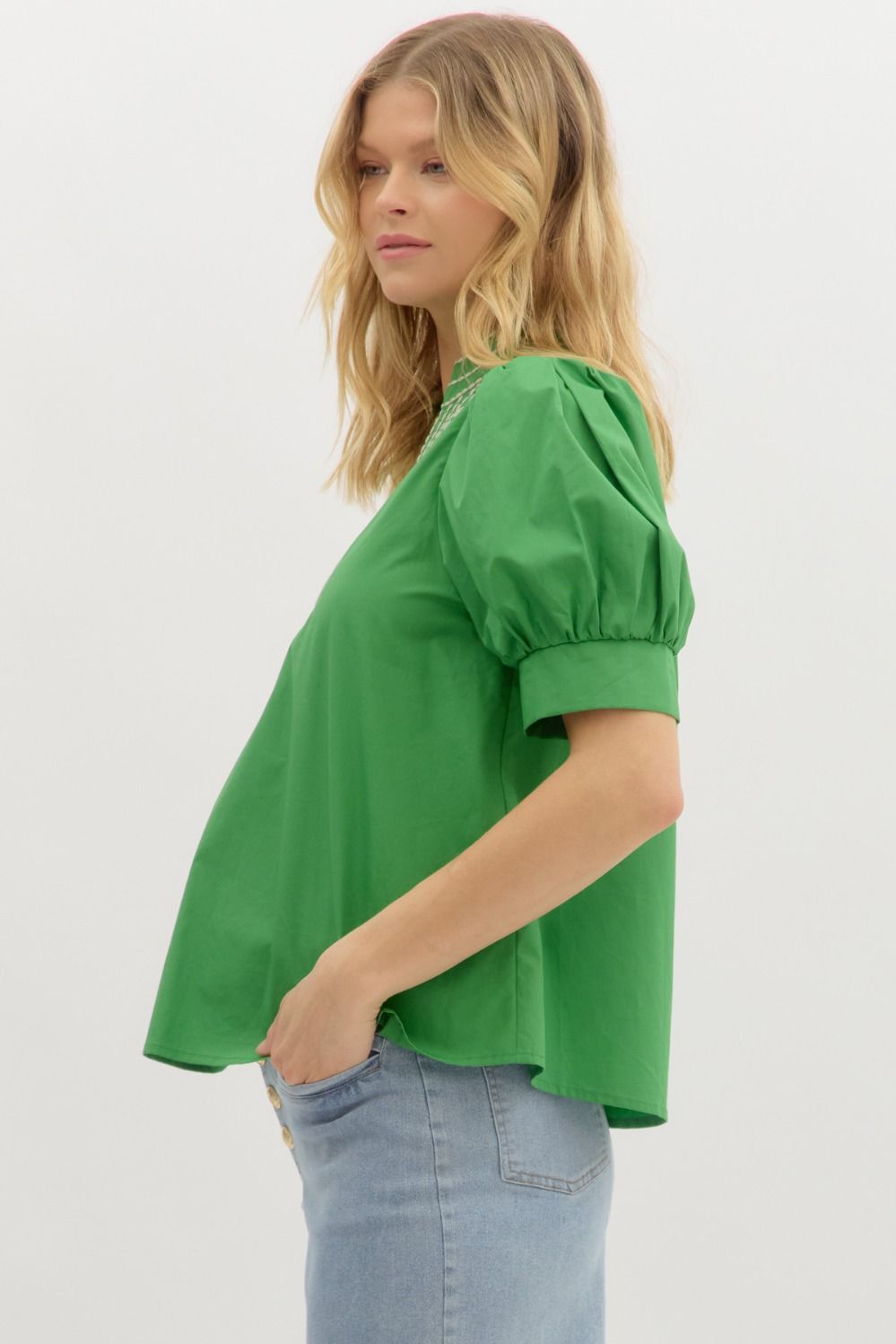 Garden Path Embroidered Top: loose-fitting green blouse with puffed sleeves. Available in sizes XS–XL.