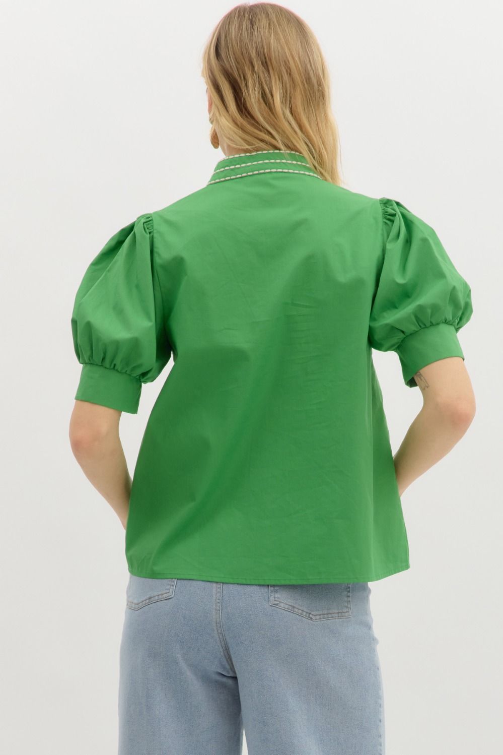 Garden Path Embroidered Top: bright green, lightweight, puffed sleeves, collar. Sizes: XS–XL.