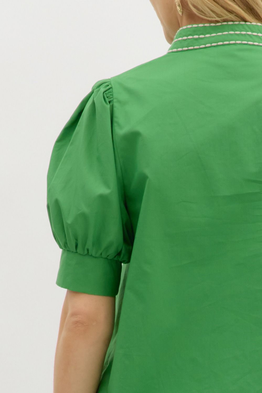 Garden Path Embroidered Top: bright green, puffed sleeves, light stitching on collar. Available in sizes XS-XL.