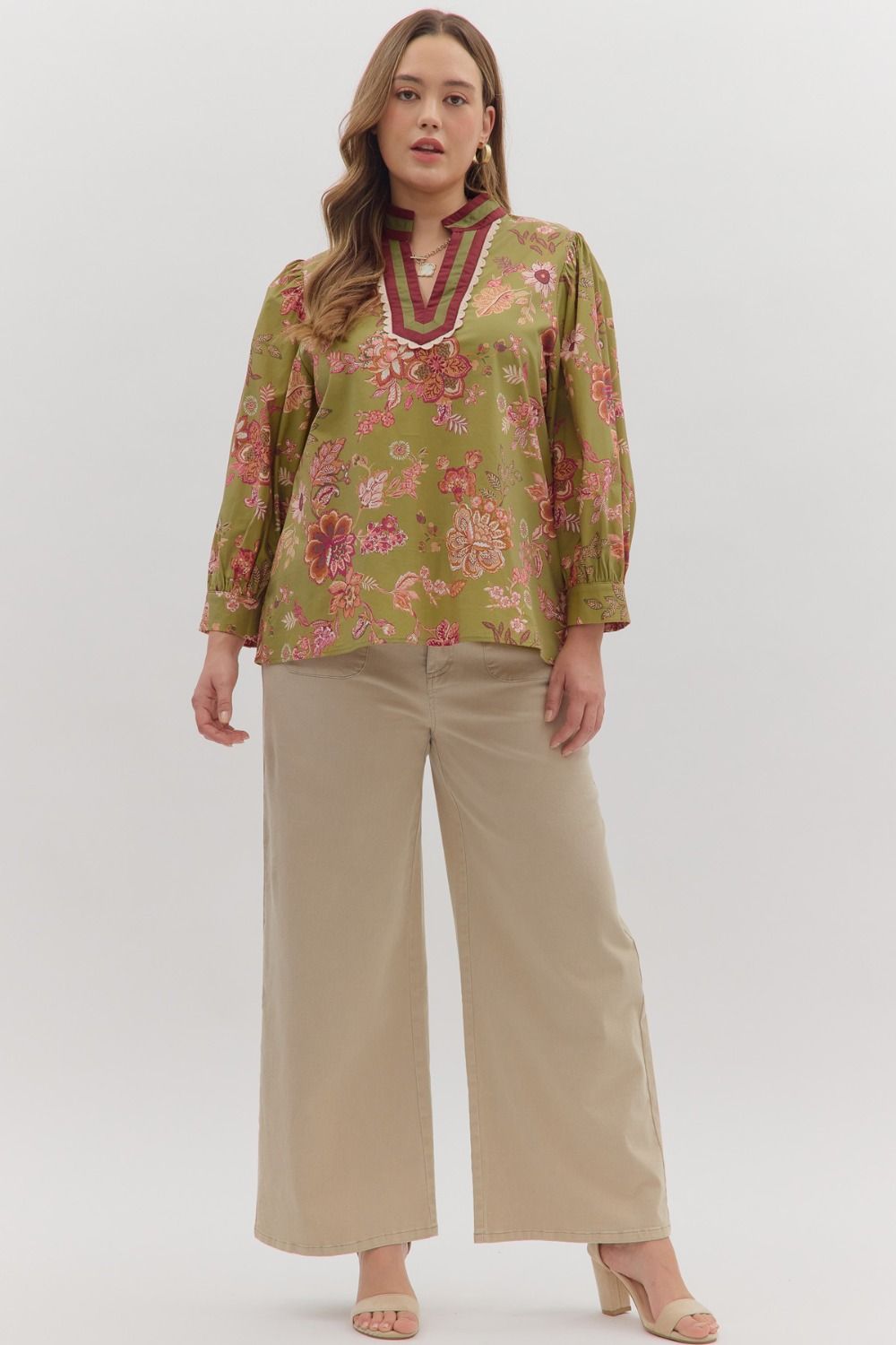 Olive Floral Long Puff Sleeve Blouse