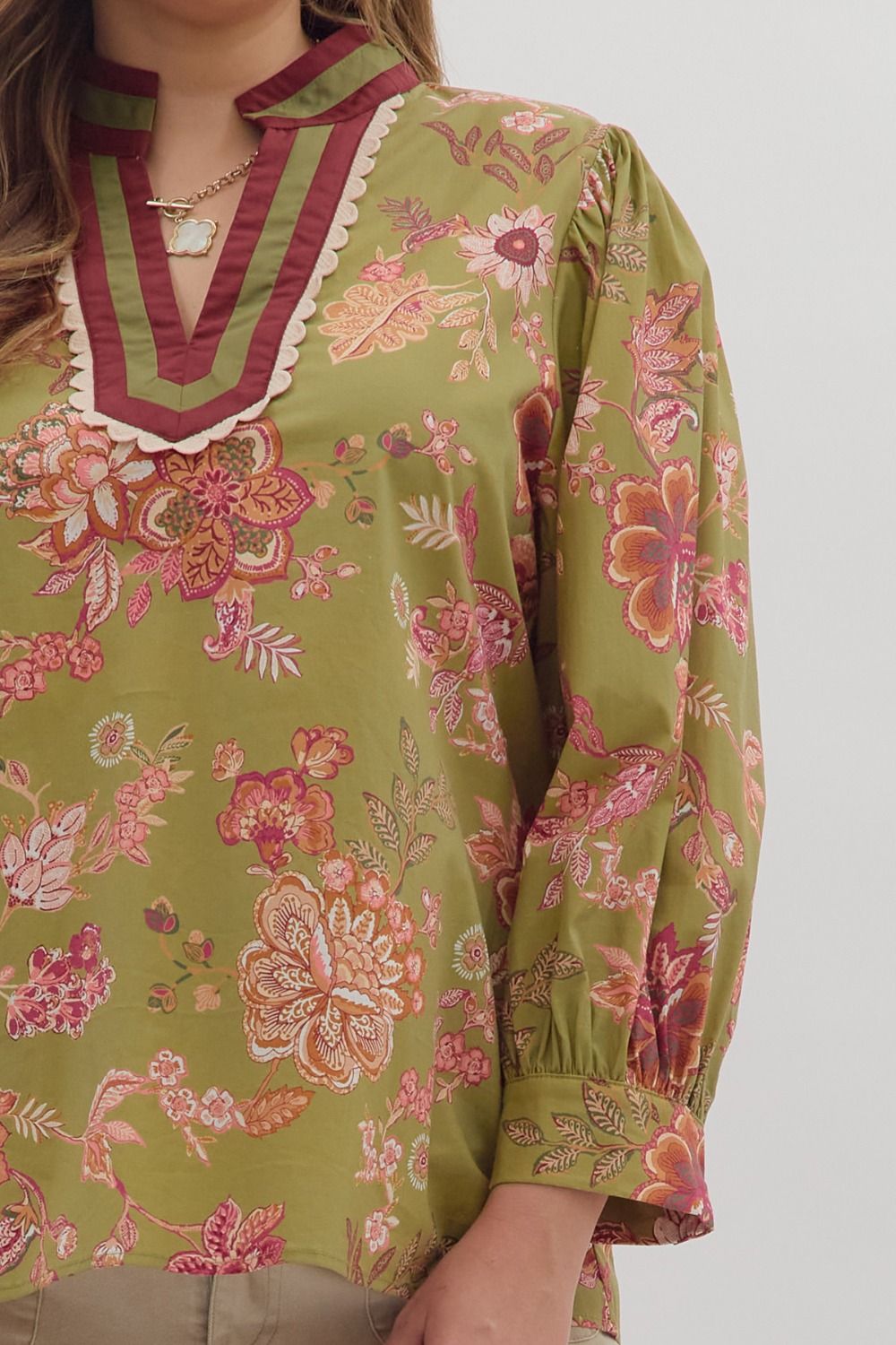 Olive Floral Long Puff Sleeve Blouse