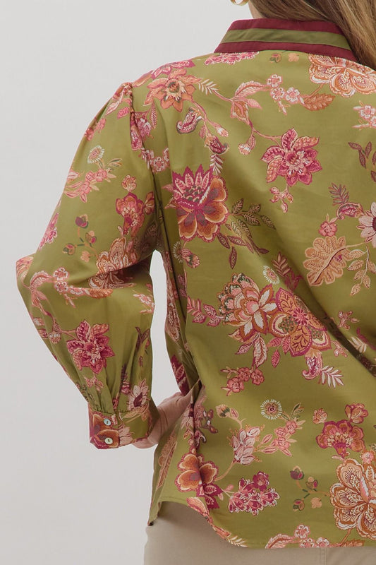 Olive Floral Long Puff Sleeve Blouse