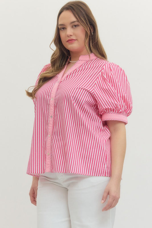 Hot Pink Stripe Print Contrast Top with bold stripes and contrast details. Available in sizes XS-XL.
