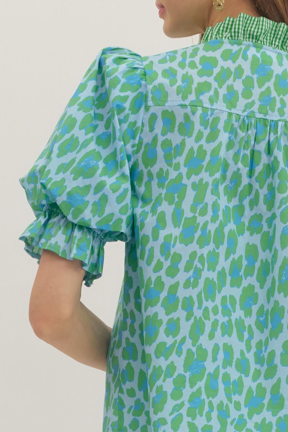Green Leopard Puff Sleeve Ruffle Top with puff sleeves, ruffled cuffs, checkered collar. Sizes: XS-XL.