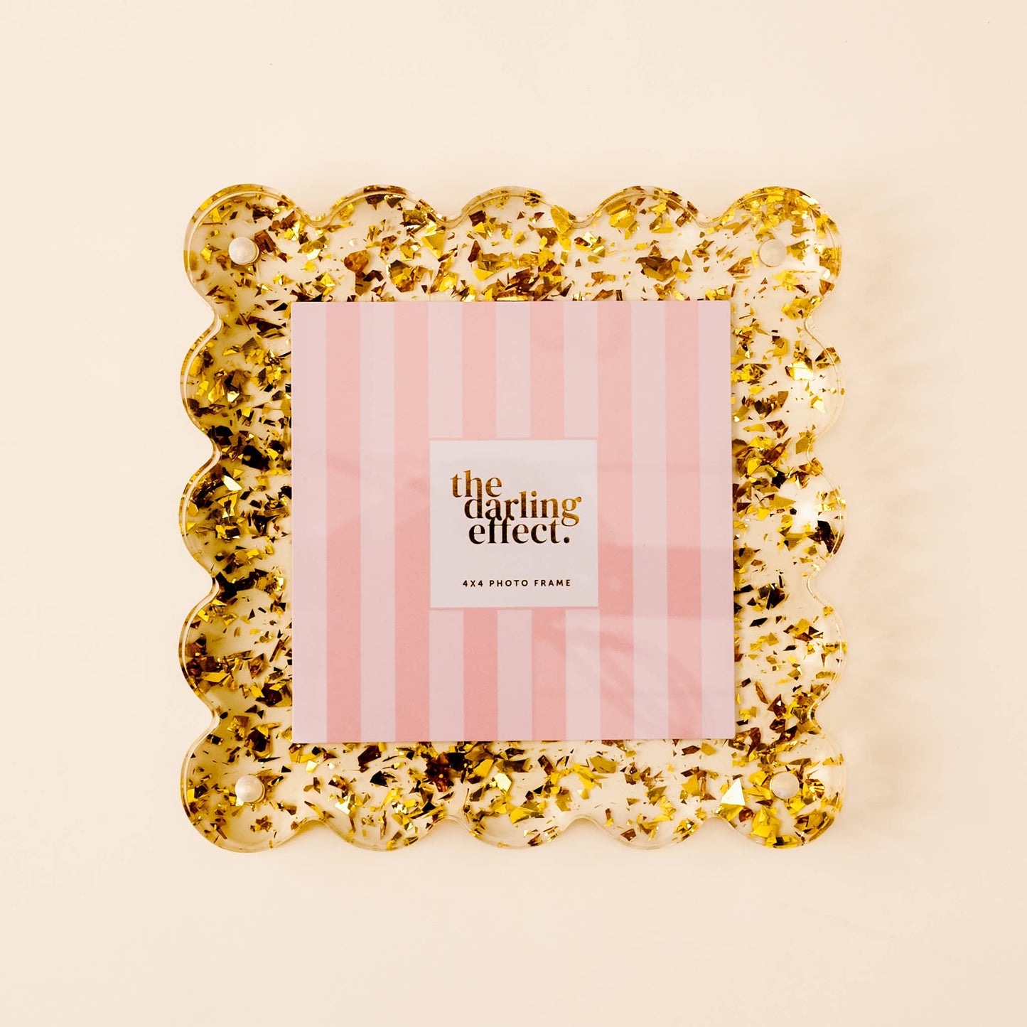 Square Scalloped Acrylic Frame-Confetti Gold for 4x4 photos, features gold confetti design. Available in 4x4 size.