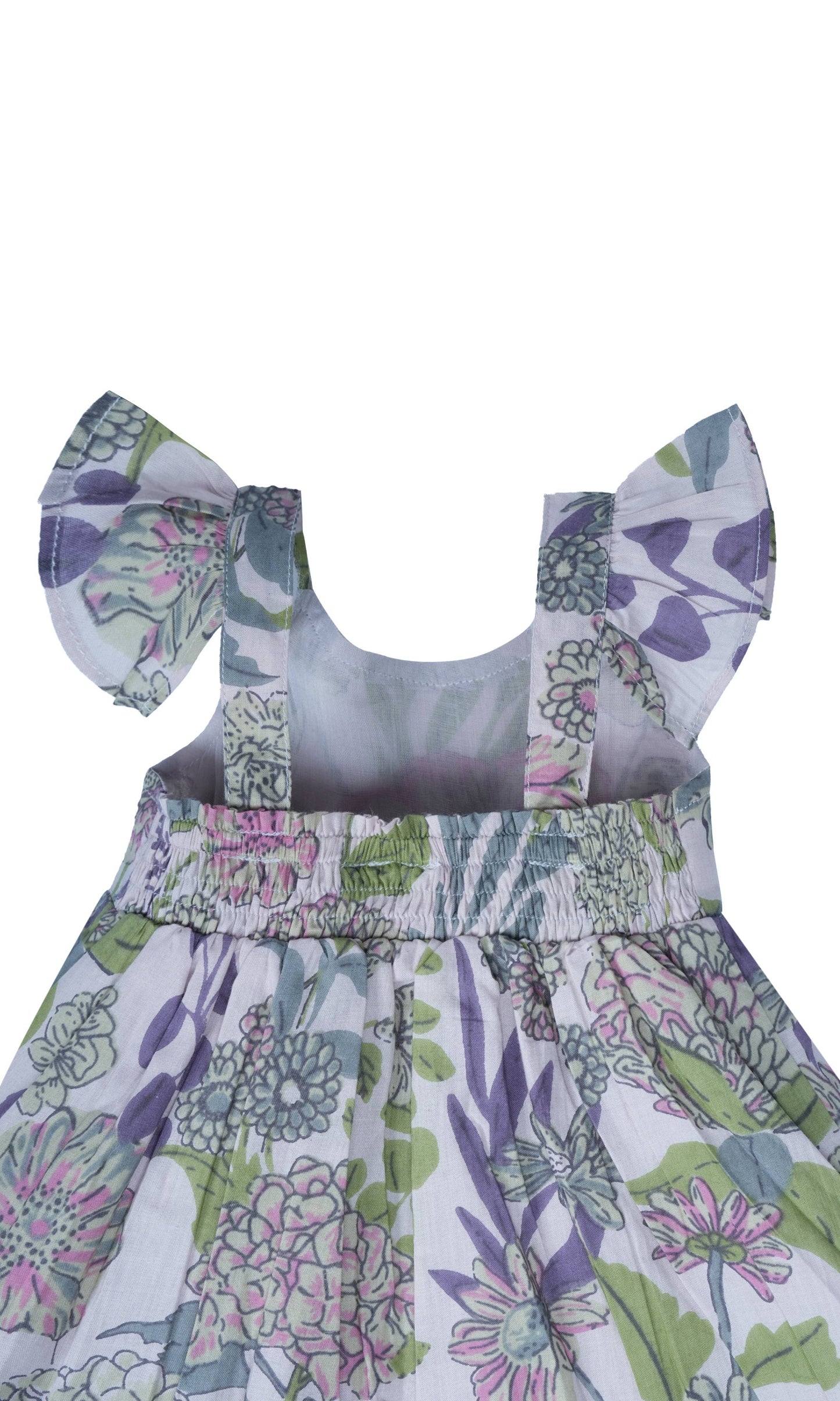 Sleeveless baby dress with ruffled straps, lavender floral print on white; available in sizes 0-3M to 24M.