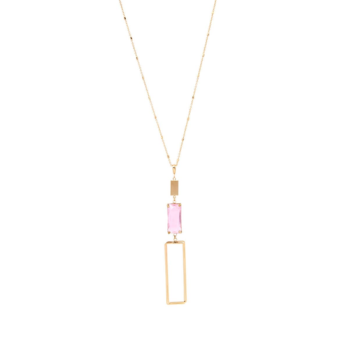 The Pink Street Chic Necklace: gold chain, rectangular pink gemstone, gold open rectangle pendant. Available in 16", 18", 20".