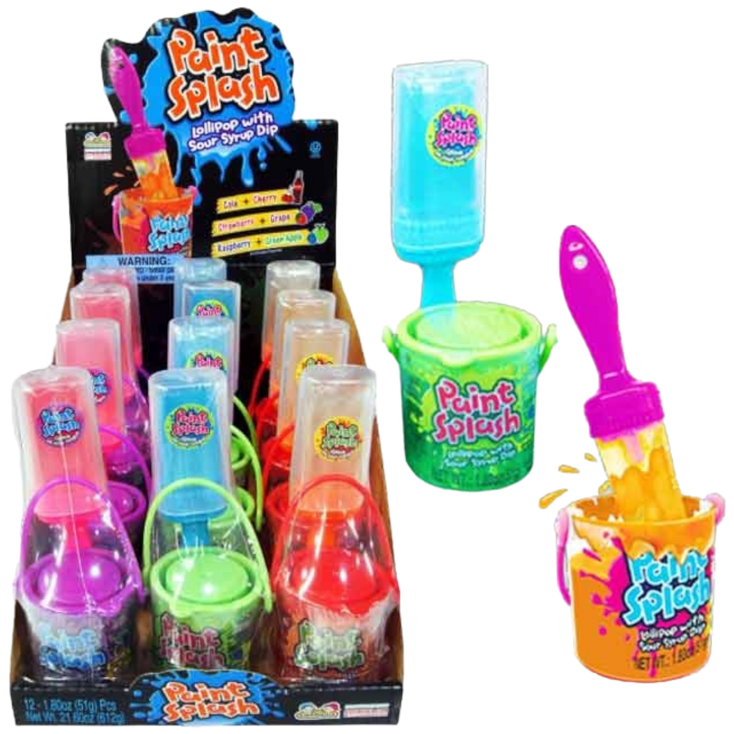 Paint Splash Candy: paint brush lollipop with sour syrup in mini buckets. Cherry, blue raspberry flavors. 0.53 oz size.