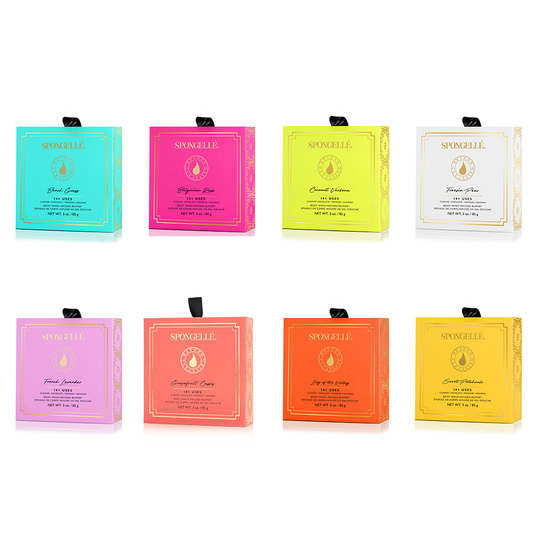 Eight Spongellé Flowers boxed in assorted colors with circular logos. Available in standard size. Boxed set of eight.