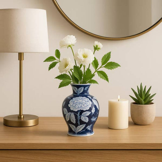 Blue Ceramic Floral Chinoiserie Decorative Vase, 9 in., with white flowers.