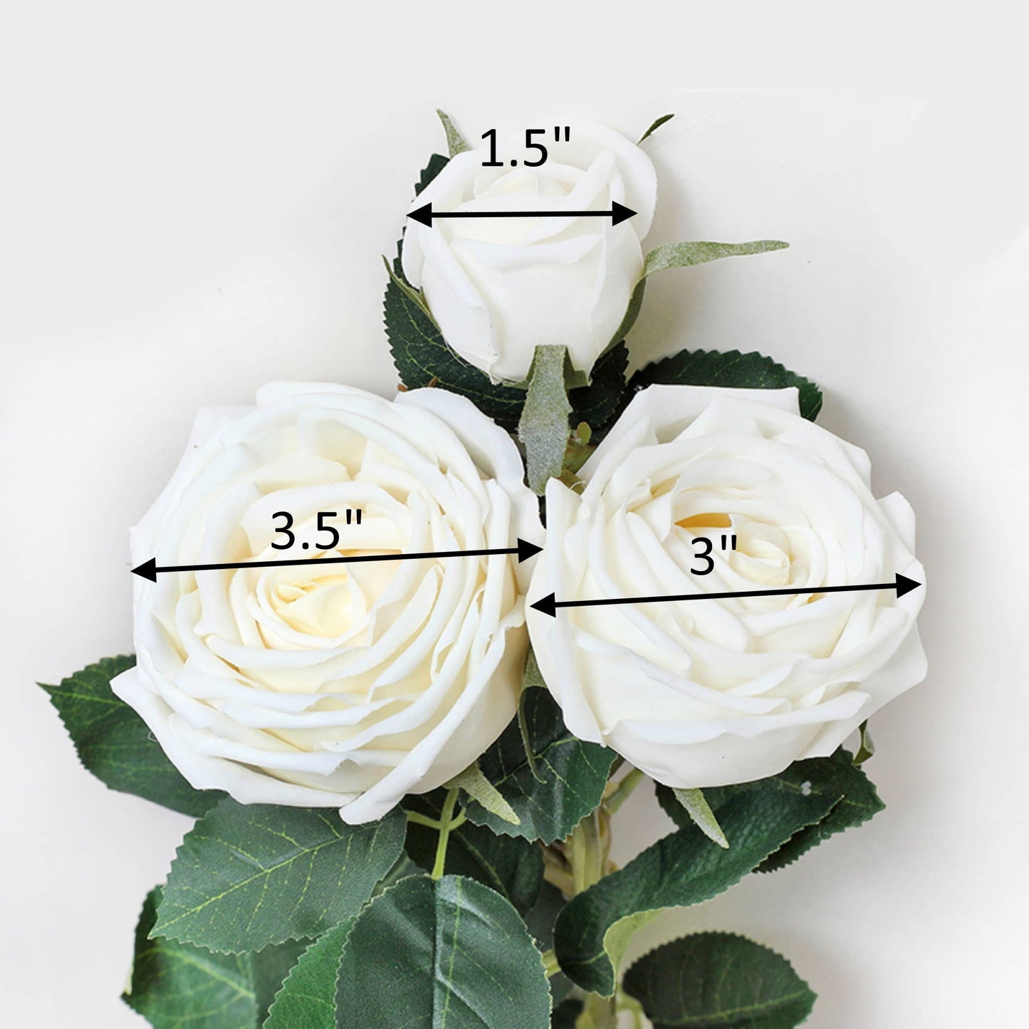 28.75" ivory Real Touch Cabbage Rose with three blooms (1.5", 3.5", 3") and green leaves.