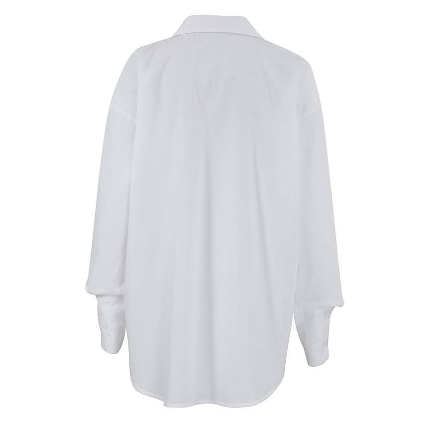White lapel collar button-down shirt for women with loose fit, extended cuffs, oversized silhouette; sizes S-XL available.