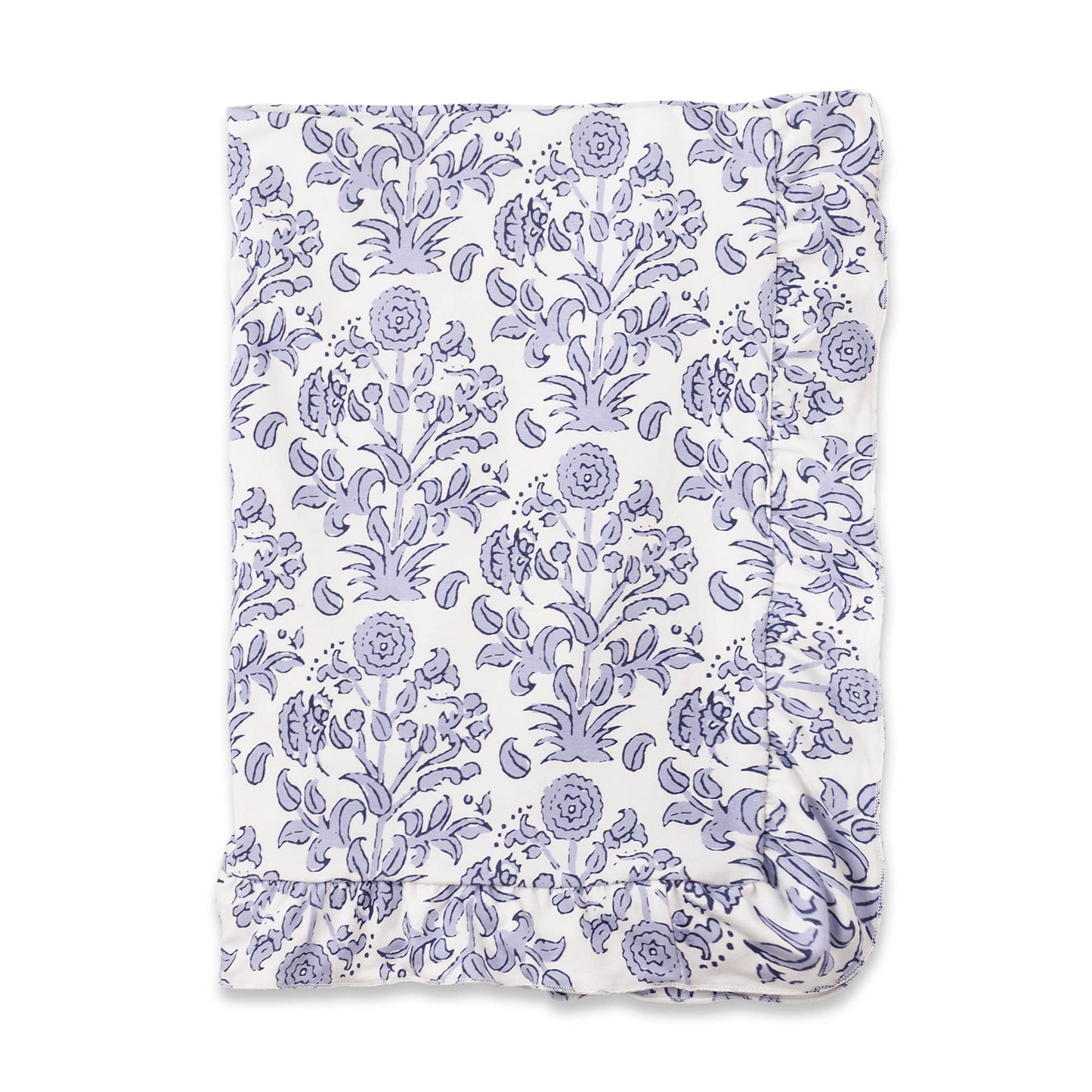 Ultra soft bamboo blanket with blue floral pattern and ruffled edges. Available in sizes S, M, and L.
