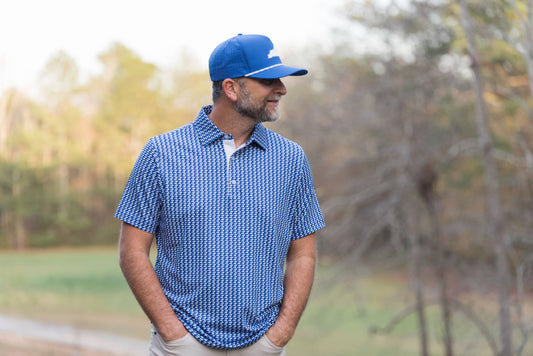 Lexington Blue and White State Performance Polo, short-sleeve, available in sizes S-XXL.