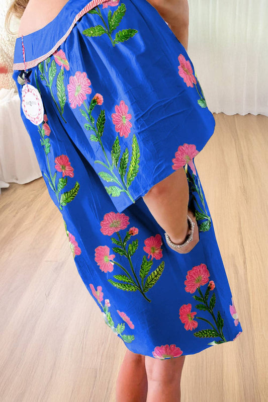 Royal Blue Floral Split Neck Dress with blooming flower pattern, available in sizes XS-XL.
