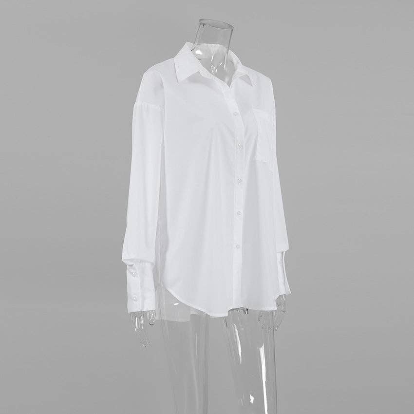 White Lapel Collar Button Down Fit Daily Shirt, classic long-sleeve women's cotton top. Sizes: S, M, L, XL.