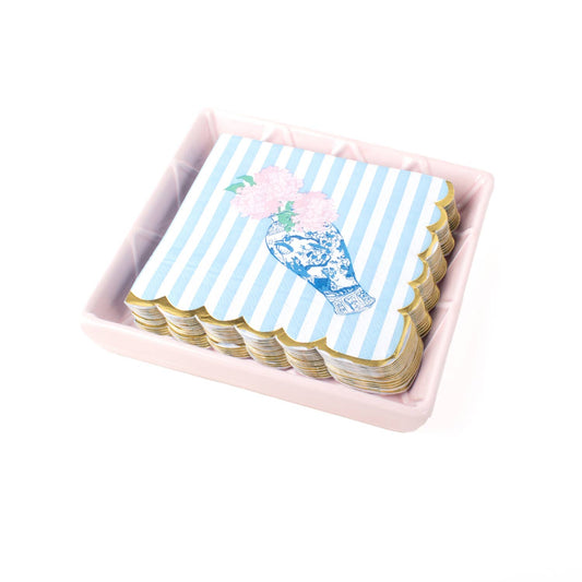 Pink Textured Beverage Napkin Tray, available in 6" and 8" sizes, holds napkins and adds a stylish touch to any setting.