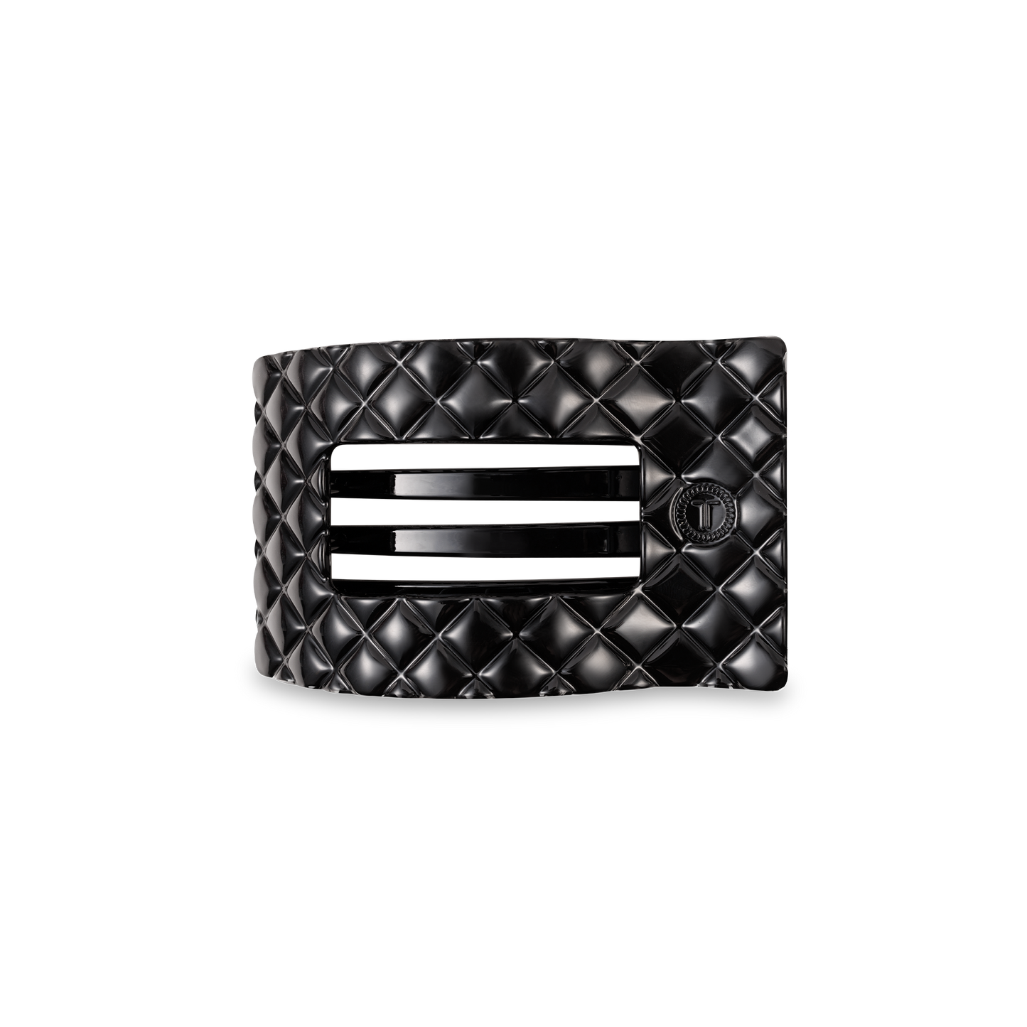 Black TELETIES Flat Rectangle Hair Clip, quilted pattern, 2 metal slots, round button; available in multiple sizes.