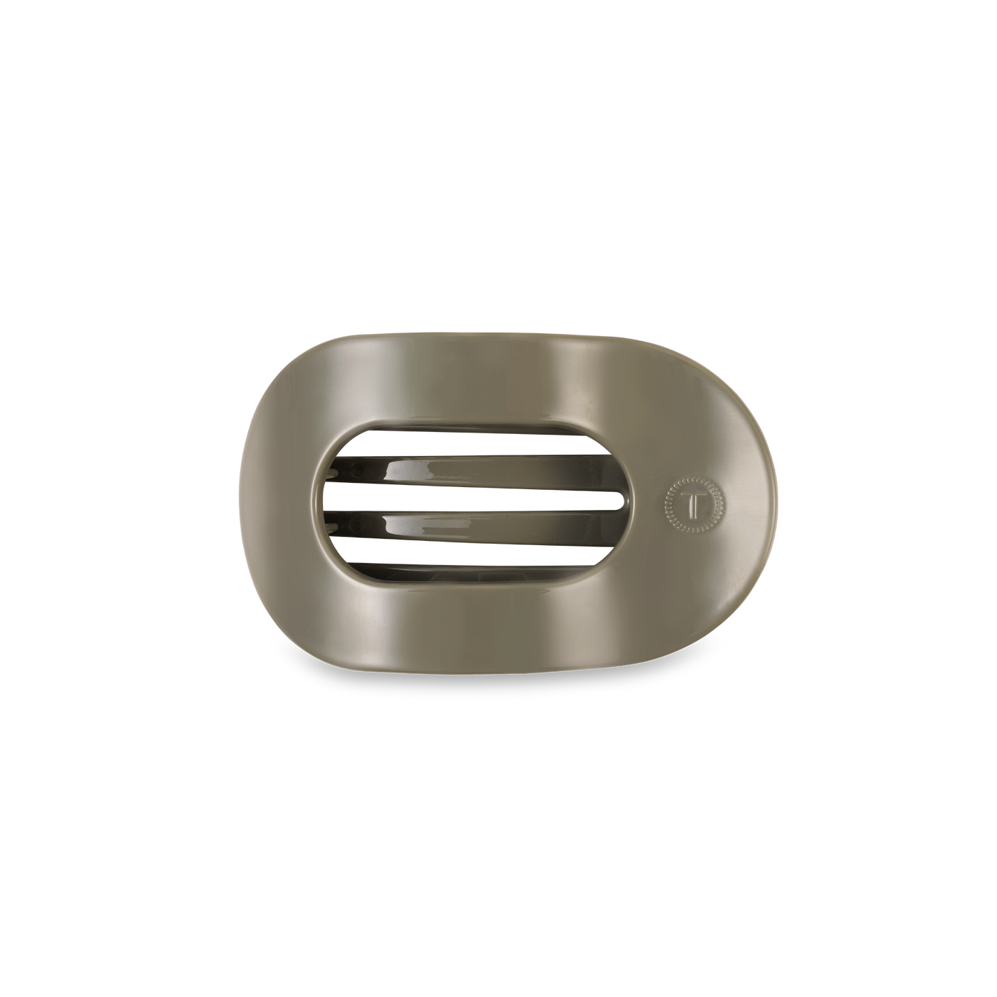 Metallic rectangular hair clip with horizontal slats and circular dial. Available in assorted sizes.