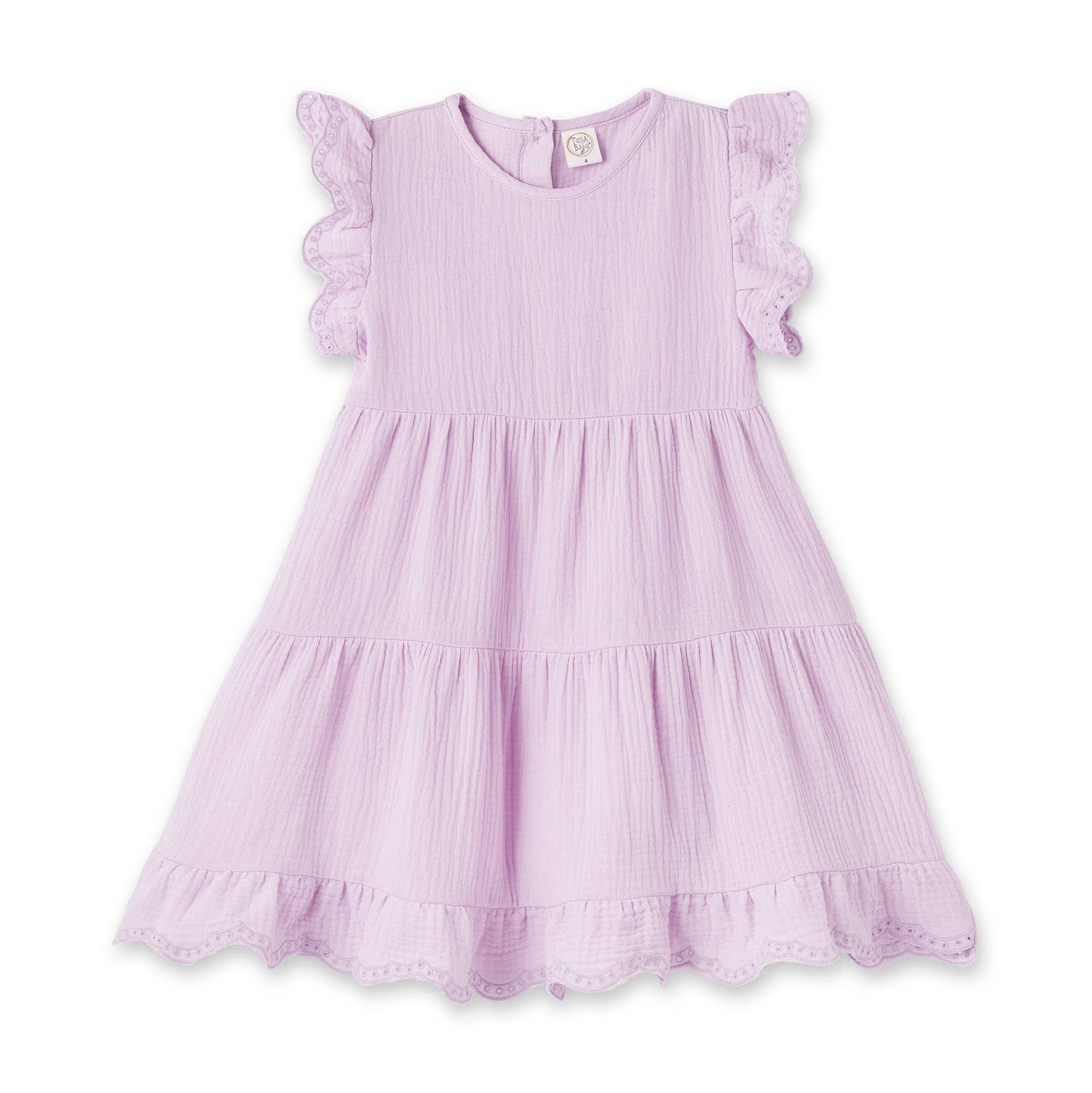 Lavender toddler dress with flutter sleeves, tiered design, eyelet details. Available in sizes 2T-5T.