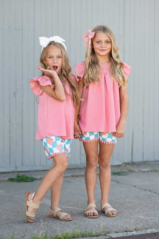 Girls Teal Check Wave Short Set: teal and white check pattern, includes top and shorts. Available in sizes 2T-10.