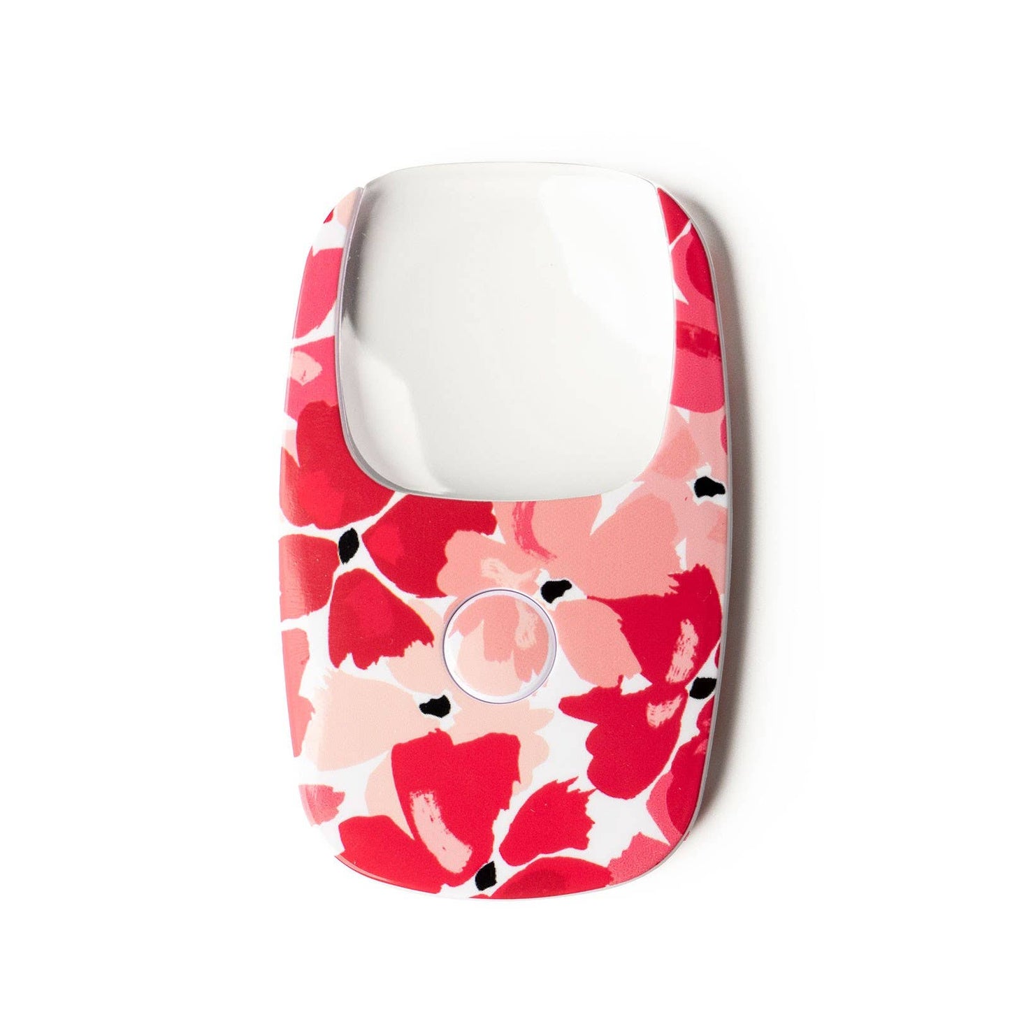 Rectangular pocket magnifier with 2X lens, pink/red/white floral pattern, rounded edges, built-in LED. Size: standard only.