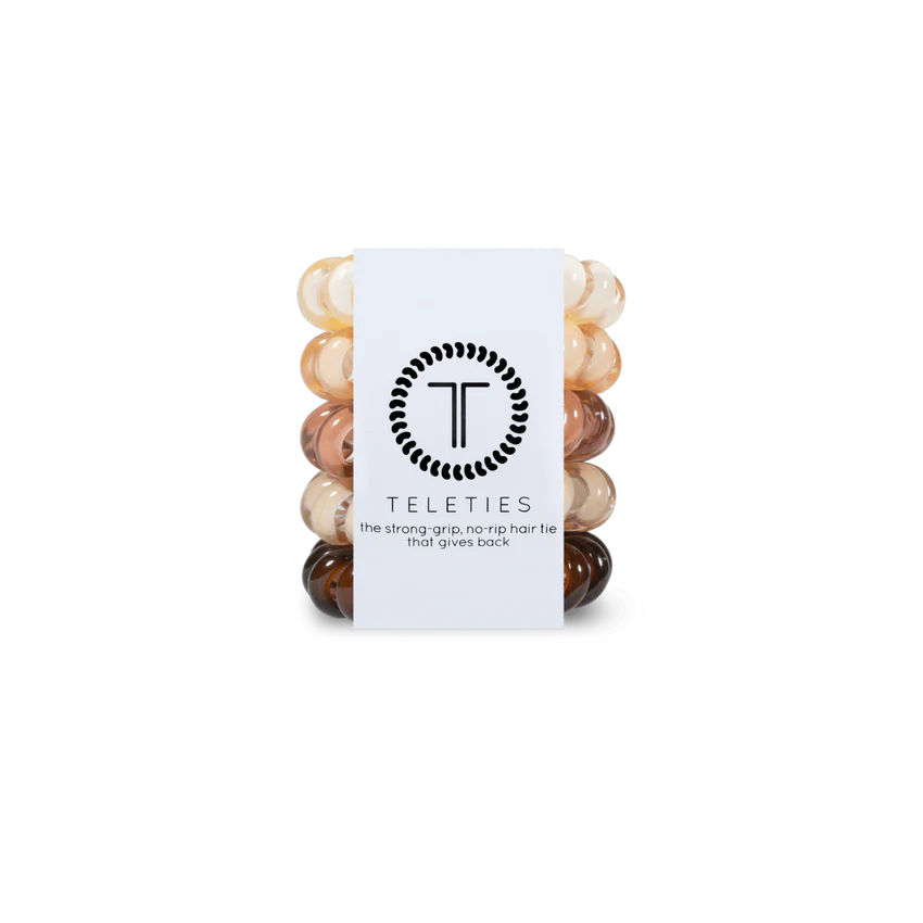 TELETIES Hair Ties in neutral colors offer strong grip and no-rip functionality. Sizes available: Small, Large.