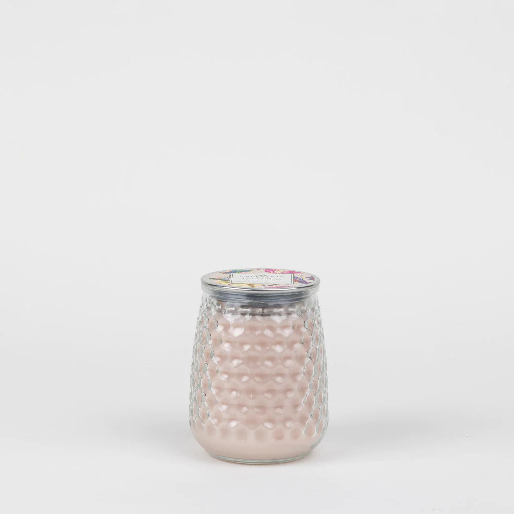 Grandiflora Signature Candle GLG915574 in textured glass jar, silver lid, light pink wax. Available in multiple sizes.