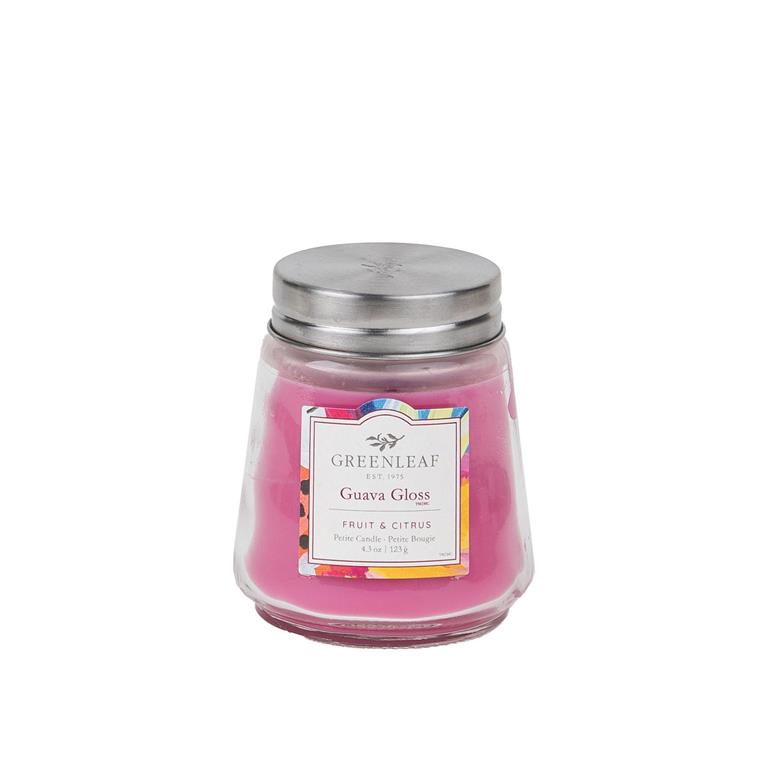 Guava Gloss Petite Candle GLG910575: small glass jar, silver lid, pink wax, "Greenleaf Guava Gloss" label. Size: petite.