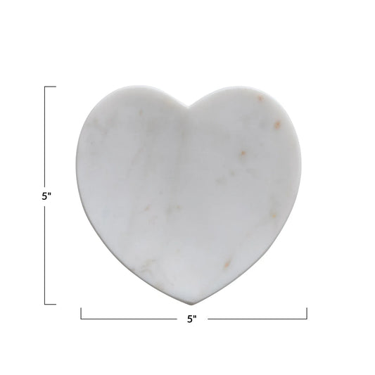 Heart-shaped white marble dish with subtle gray and brown veining, available in 5"x5" size.