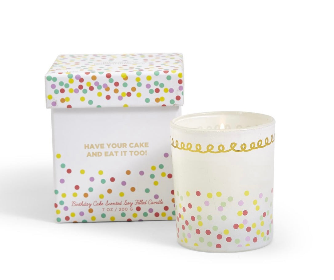 Soy wax candle in glass holder with polka dots and gold swirls. Available sizes: 8oz, 12oz.