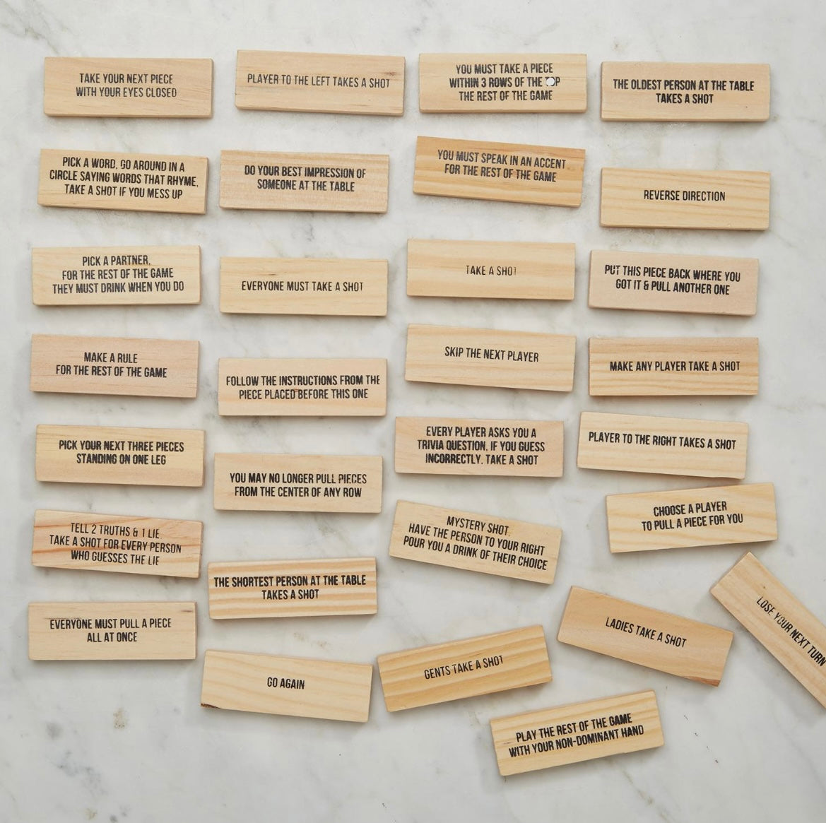 Stumbling Blocks & Shot Glasses: rectangular wood pieces with black party challenge text. Available in small, medium, large.