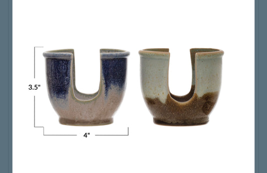 Blue/beige U-shaped ceramic sponge holder with vertical slots, 3.5" tall, 4" wide.