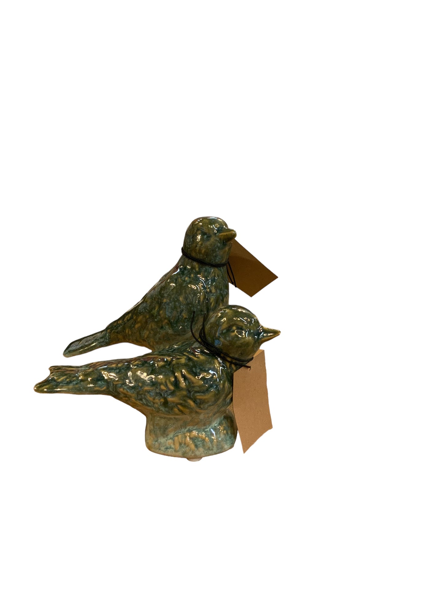 Green stoneware bird figurines with brown neck tags, reactive glaze finish. Available in two sizes.