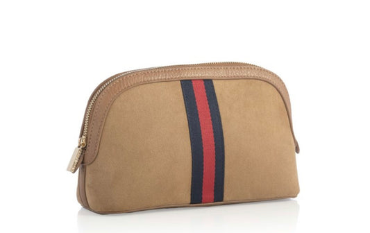 Tan vegan suede zip pouch with bold vertical navy blue and red stripe. Available in small and large sizes.